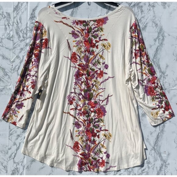 JM Collection Womens 3X Floral Print Cream 3/4 Sleeve Top Rayon & Spandex - Picture 2 of 7